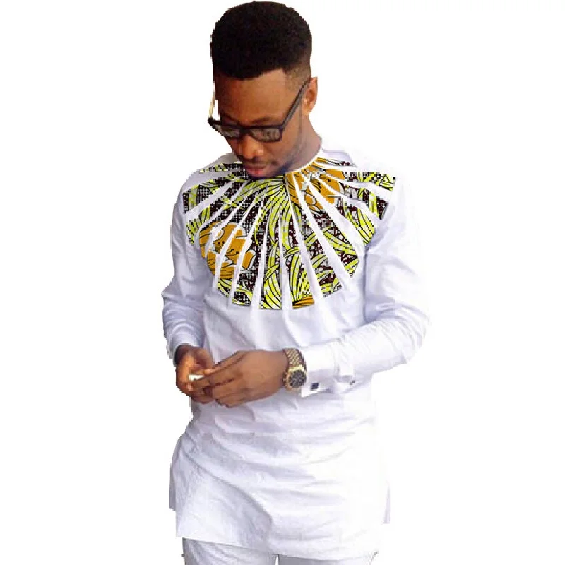 

African clothing men's shirt O-neck Ankara white with print tops patchwork customized wear male dashiki shirt for wedding