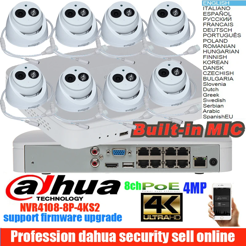 dahua mutil язык H.265 4MP POE IP камера DH-IPC-HDW4433C-A система безопасности камера Открытый 8CH NVR4108-8P-4KS2 комплект