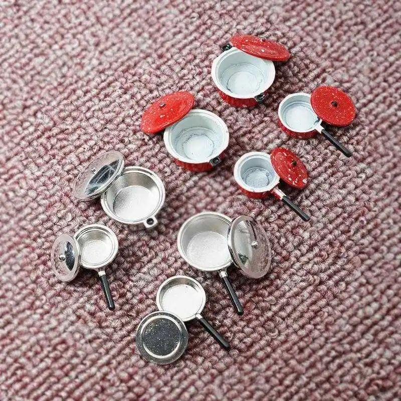 Dollhouse Miniature 1:12 Mini Pot Set Diy Doll House Kitchen Furniture Accessories Red Silver Soup Frying Milk Pan Dropshipping