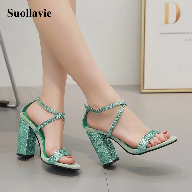 

Fashion women sandals gladiator sandals square heel buckle strap hollow open toe green sandals party shoes size 4-9