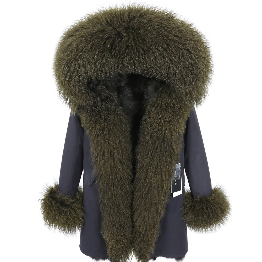 Высококачественная меховая подкладка из меха енота, пальто, роскошная натуральная шерсть, теплые женские модные меховые пальто, зимняя куртка - Цвет: Синий