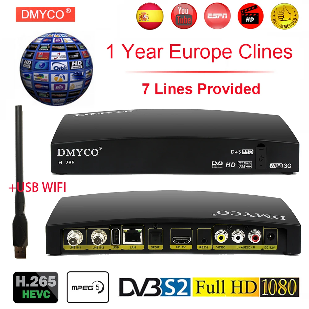 

New Spain H.265 Satellite Receiver Add 1 Year Europe 7 Cable Server DVB-S2 HD 1080P H.265 MPEG-5 Bisskey LNB Digital TV Receptor