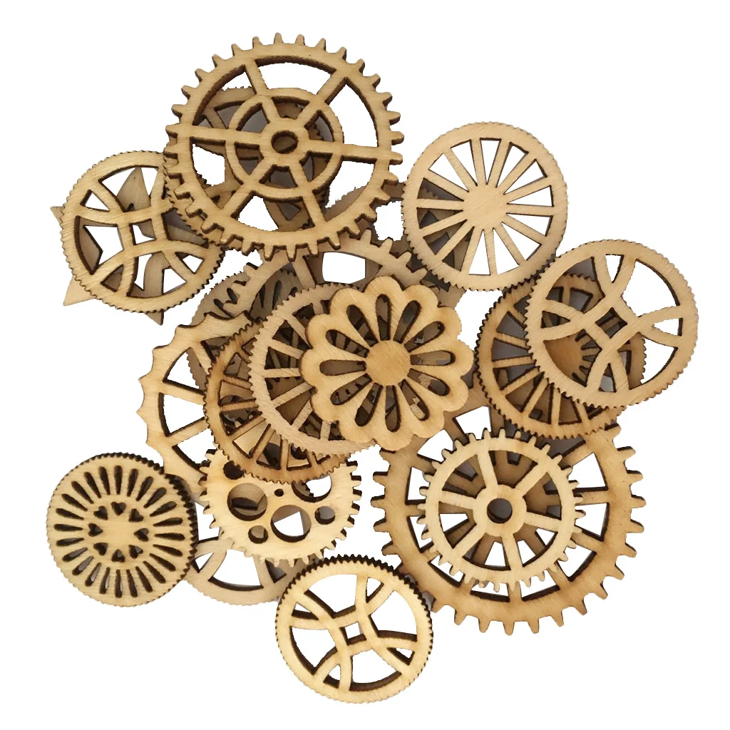 50 Pieces Chic Mixed Wooden Gear Cutouts Craft Embellishment Gift Tag Wood Ornaments