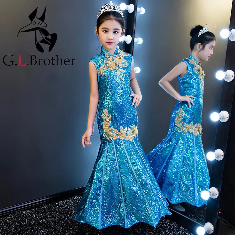 

Royal Blue Mermaid Flower Girl Dresses Sequined Princess Dress Evening Party Backless Kids Pageant Dress Birthday Costume B80