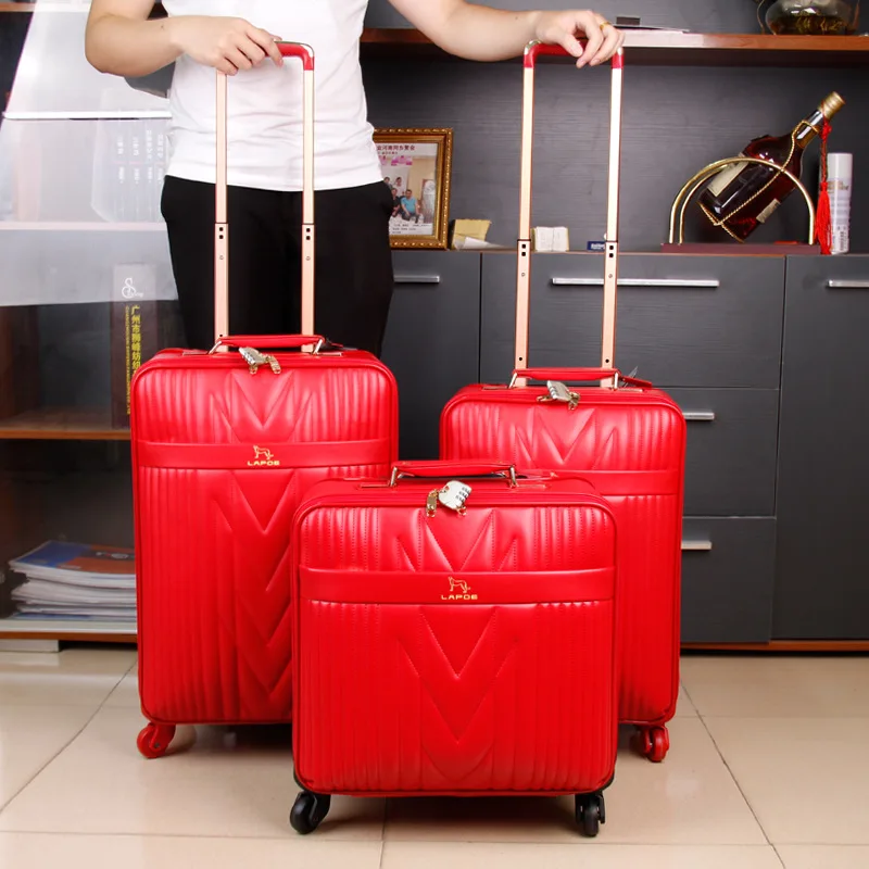 New Arrival!Women's red married pu leather trolley luggage on universal