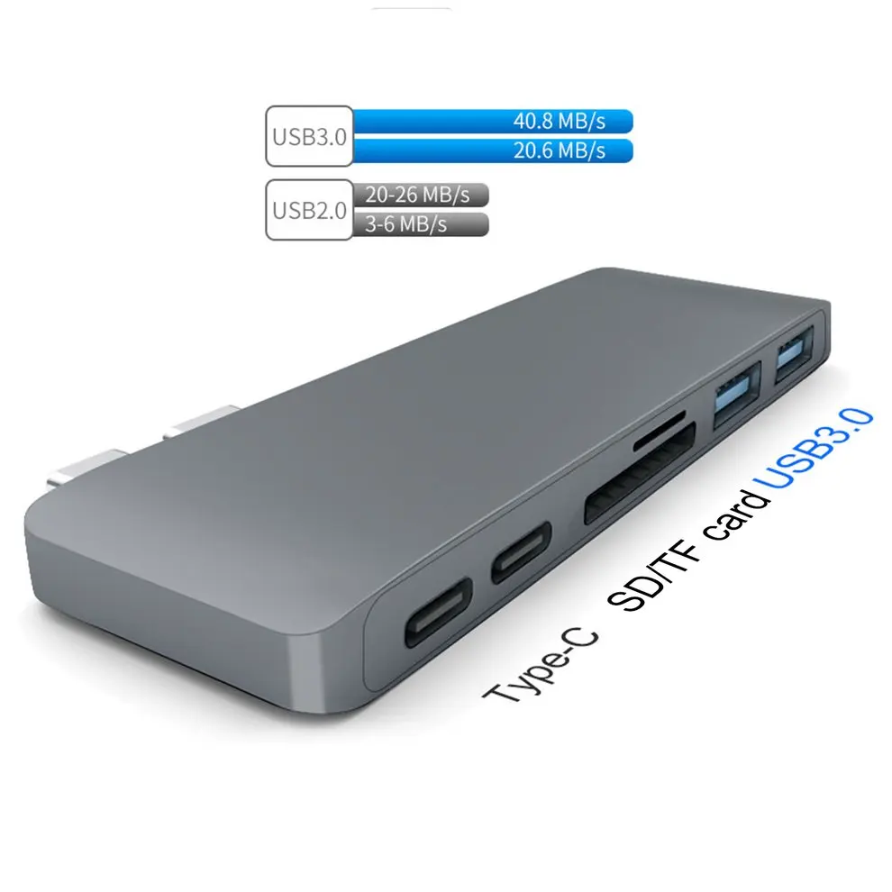 

Grey USB Type C Hub 6-in-1 Dual Type C Interface Converter Rapid Transmission