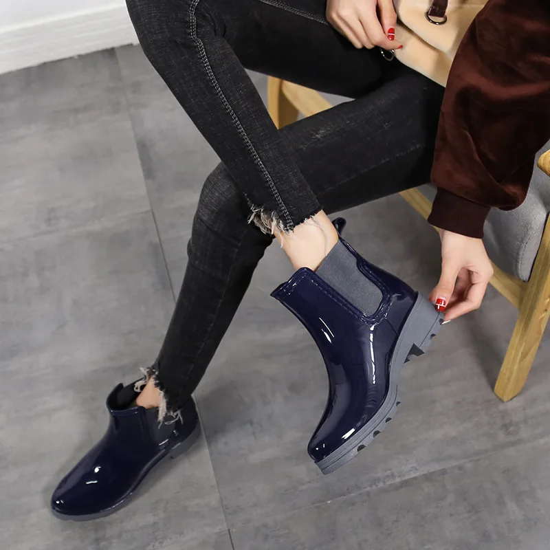 

Ankle Round Toe Waterproof Rainboots Women Flat Non-Slip Rubber Shoes Solid Rain Boots