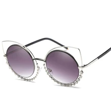 Luxury Cat Eye Sunglasses Women Fashion Brand Design Oversized Metal Frame Inlay Hollow Glasses Round Lens Retro UV400 stylish golden round frame and hollow out design sunglasses for women
