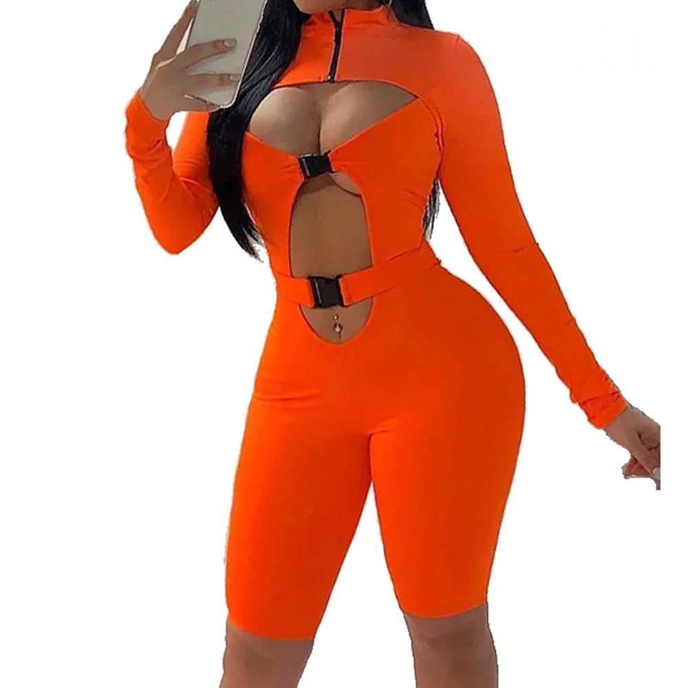 

Women Autumn Bodycon Jumpsuits Romper Long Sleeve Zipper Stand Neck Bodysuits Sexy Open Chest Buckle Hollow Out Short Streetwear