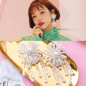 

Strange new miss Korea exaggerated hand woven pearl crystal flower long tassel earrings