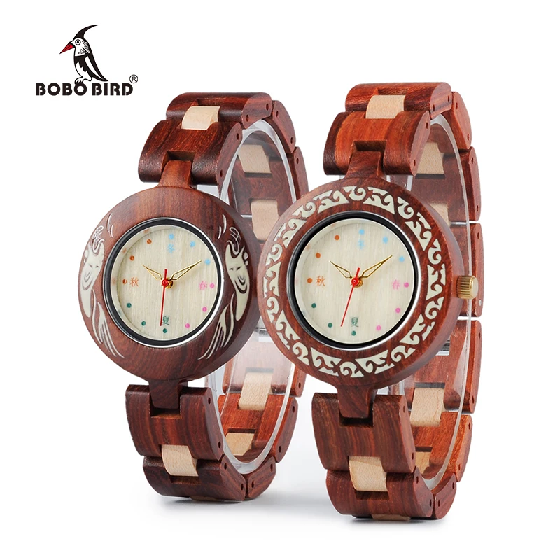 

BOBO BIRD V-P15 Ladies Watch Japanese Style Unique Quartz Wristwatch with Red Wood Band Watches for Women