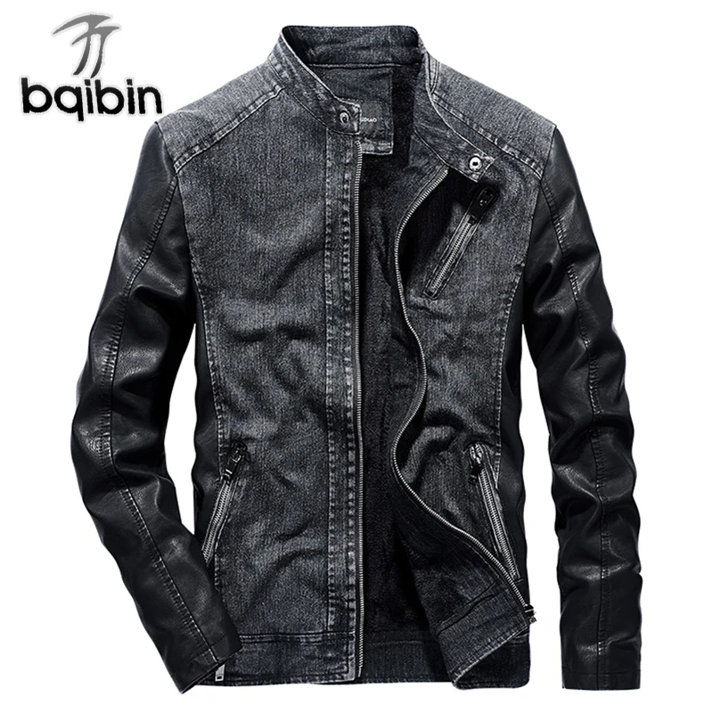 

Vintage PU Denim Jackets Men Slim Fit Casual Patchwork Mens Jeans Coat 2019 Fashion Vintage Clothes for Men Black Blue