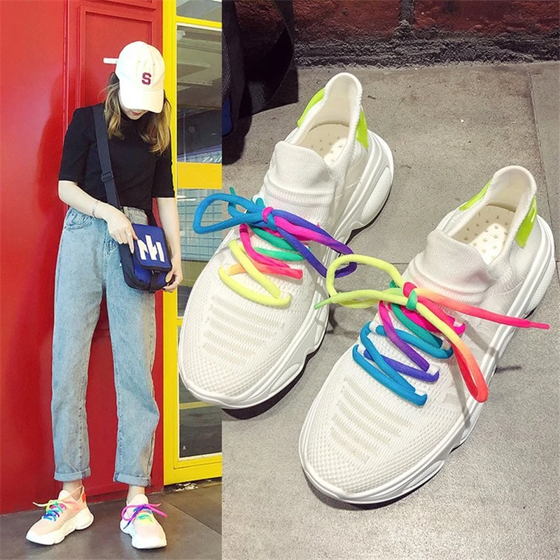 

2019 summer women fashion sneaker female new mesh casual light soft bottom shoes women girl shoes comfortable Rainbow lace shoes
