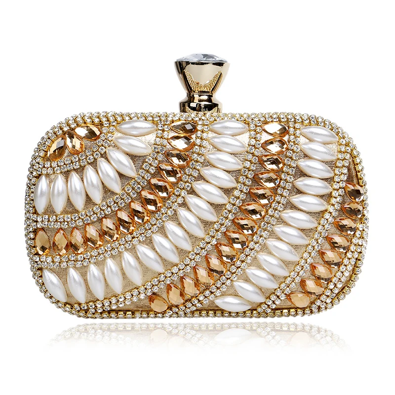 Luxy Moon Rhinestone and Beads Embellished Gold Clutch Bag Front View