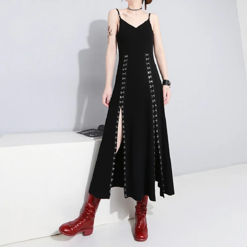 Черные сексуальные платья в стиле панк с v-образным вырезом, женское летнее платье с металлическим крюком, элегантные женские винтажные Клубные платья для вечеринок
