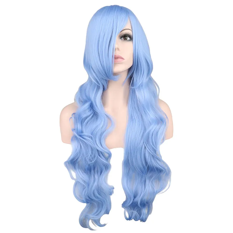 

QQXCAIW Long Wavy Cosplay Wig Women Men Party Light Blue 80 Cm Synthetic Hair Wigs