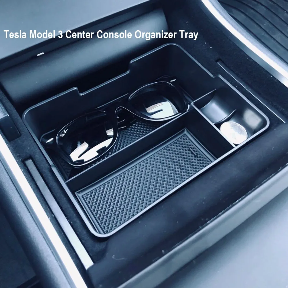 Car Center Console Organizer Tray Storage Box Coin for Tesla Model 3 Storage Armrest Box Phone Mount Pocket Sunglass Holder Container Black