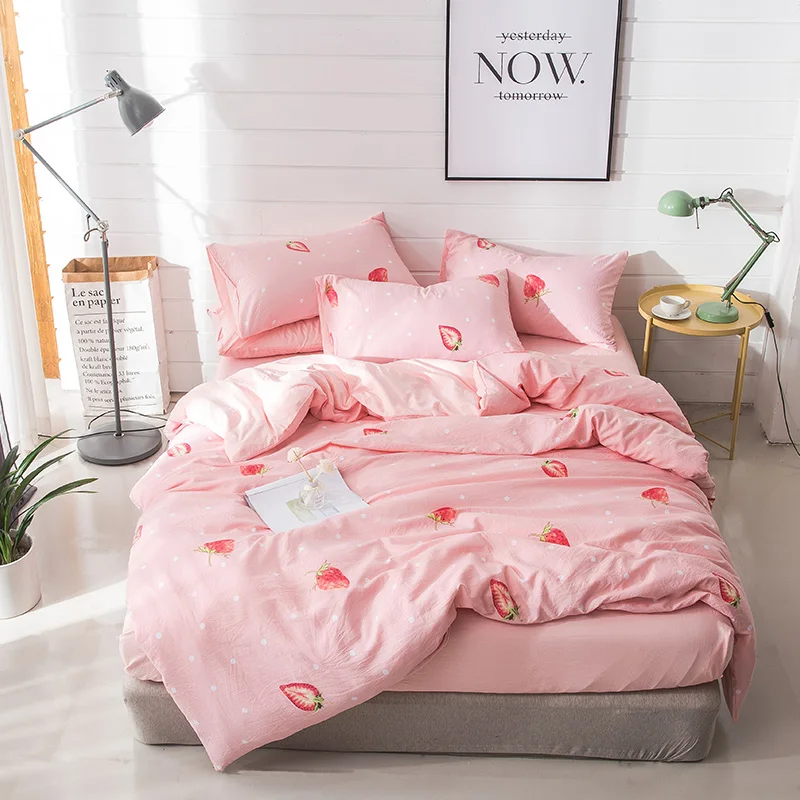 

Pink Strawberry Printed Washed Cotton Duvet Cover Bed Sheet Pillowcase Set For Girls/Kids Bedroom Decor (No Filing)