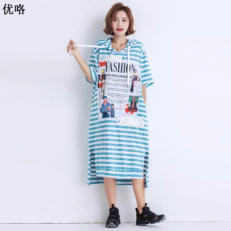 

New Arrival 2019 Summer Fashion Women Korean Hoodie Dress Plus Size Striped Tunic Summer Dress Loose Casual Split Long Dresses