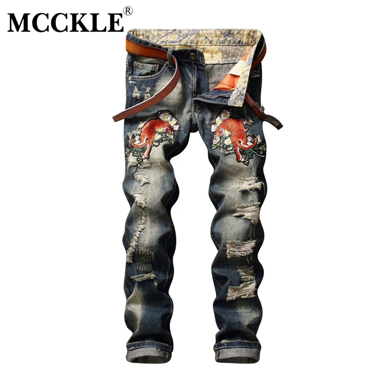 MCCKLE осенние модные джинсы с вышивкой тигра мужские джинсы с завышенной талией рваные джинсовые байкерские штаны рваные голубые брендовые джинсы брюки