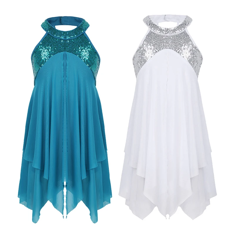 Ceny Dziecięce dziewczęce Halter cekiny w kratkę z powrotem sukienka trykot na liryczny nowoczesny współczesny strój do tańca towarzyskiego sukienka baletowa