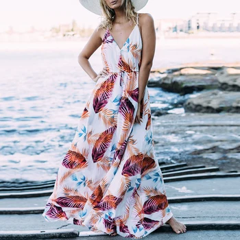 

Fashion Women's Casual Floral Print Sashes Beach Dress Bohemian Deep V-neck Halter Sexy Maxi Dress
