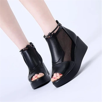 

2019 new women's shoes fish mouth shoes women's black mesh short boots thick with the increase high high boots Roman sandals