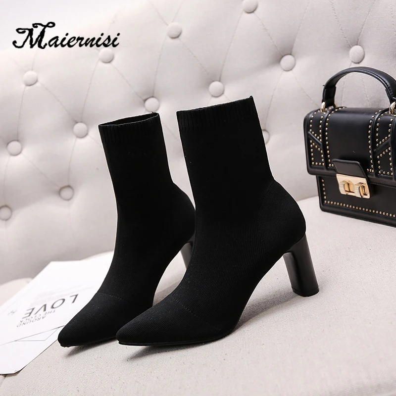 

MAIERNISI Sexy Sock Boots Knitting Stretch Boots High Heels For Women Fashion Shoes Spring Autumn Mid-Calf Boots Booties Lady