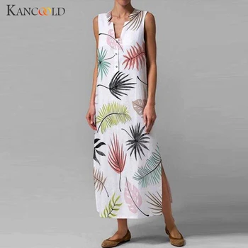 

KANCOOLD dress Women V-Neck Floral Print Button Down Sleeveless Dress Summer Casual Loose fashion new dress women 2019jun21