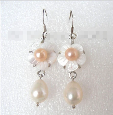 

Free shipping@WONDERFUL 15mm white seashell flower &nautral drip pearls earrings b1282 6.10