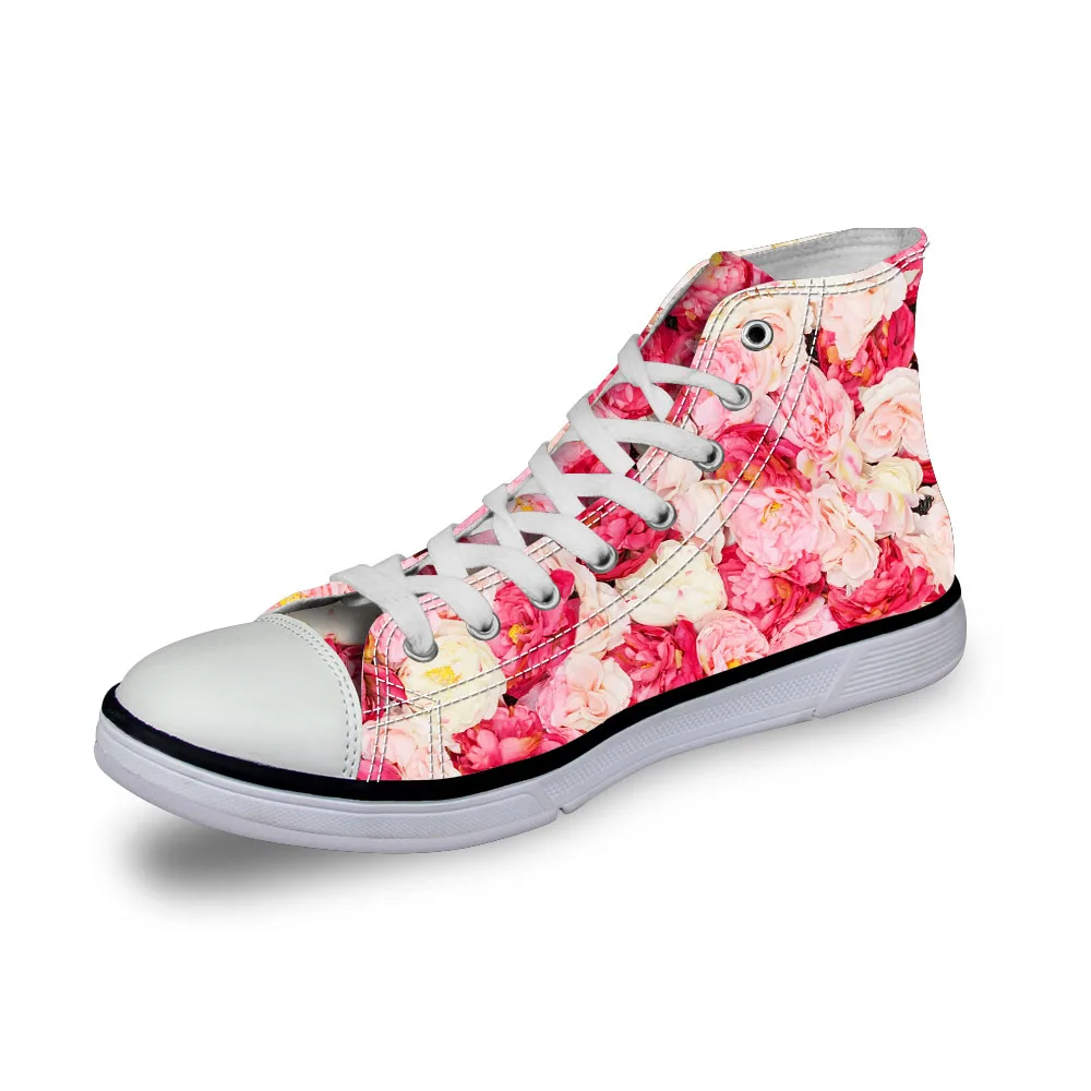 

Noisydesigns ladies vintage high top sneakers girls casual lace up vulcanized Women pink flowers roses 3D print flat canvas shoe