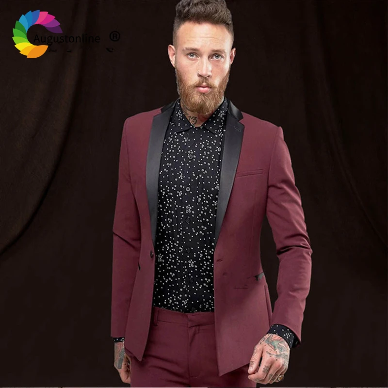 

Burgundy Slim Fit Men Suits Casual Wedding Tuxedos Groom Wear Blazer Terno 2 Pieces (Jacket+Pants) Bridegroom Prom Costume Homme