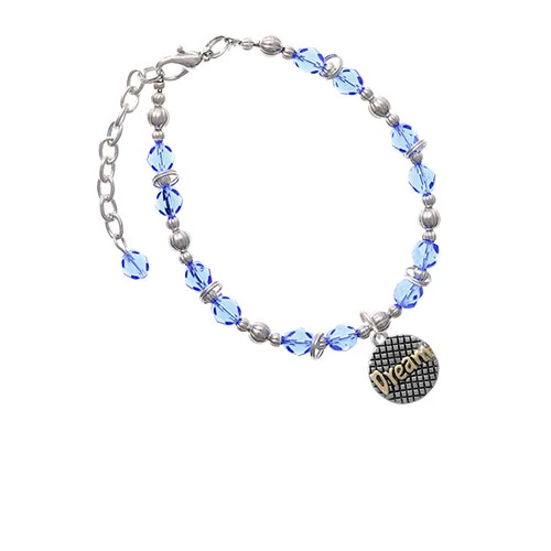 Goldtone ''Dream'' on Hatched Disc Light Blue Beaded Bracelet