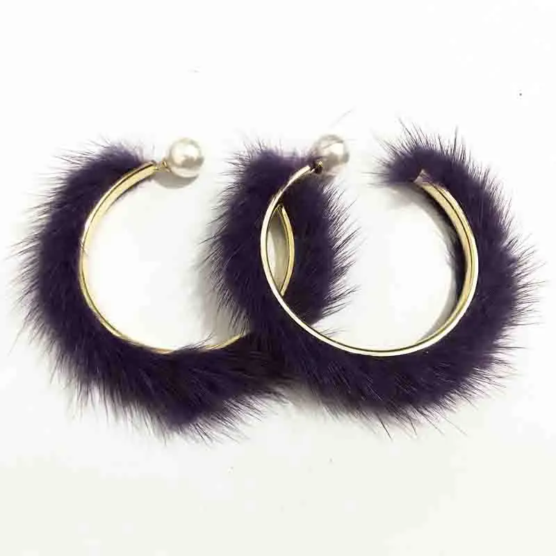 Gothletic брендовые серьги-кольца из натурального меха норки, круглые серьги с жемчугом, 60 мм, большие круглые серьги для женщин, 10 цветов, ювелирные изделия - Окраска металла: Purple