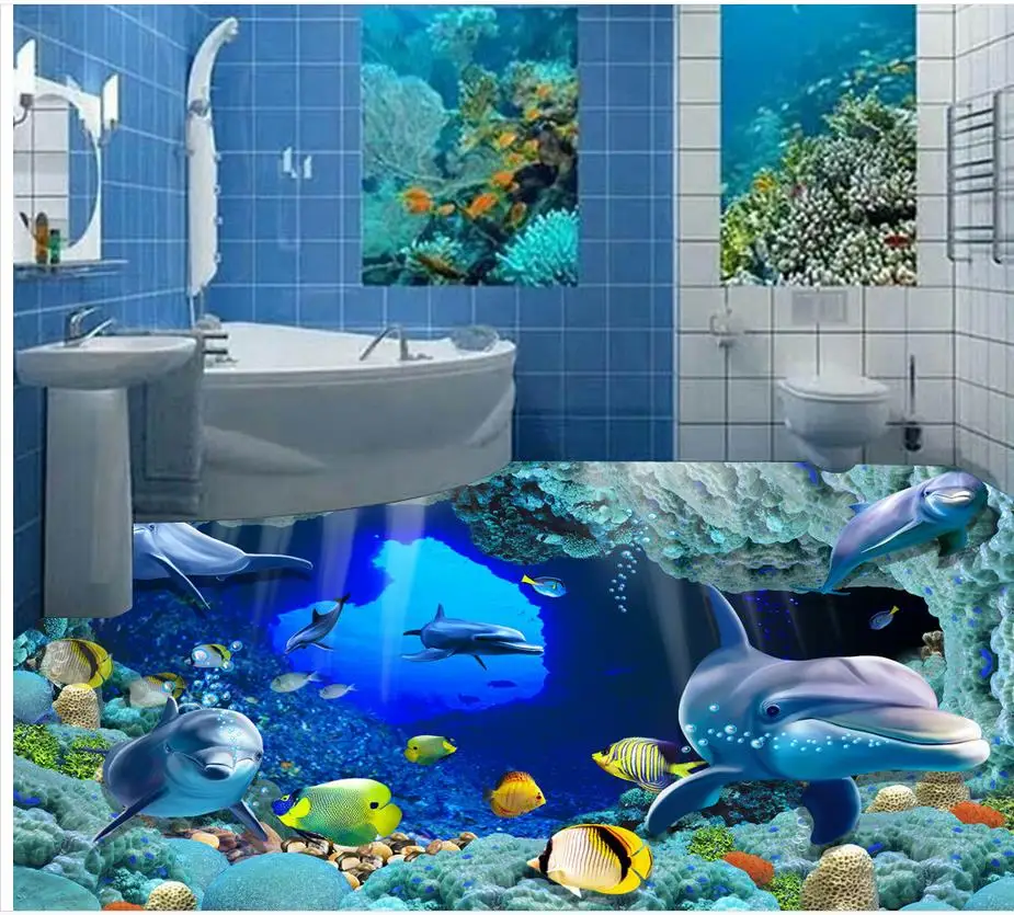 Underwater World 3D bathroom floor mural PVC waterproof self adhesive ...
