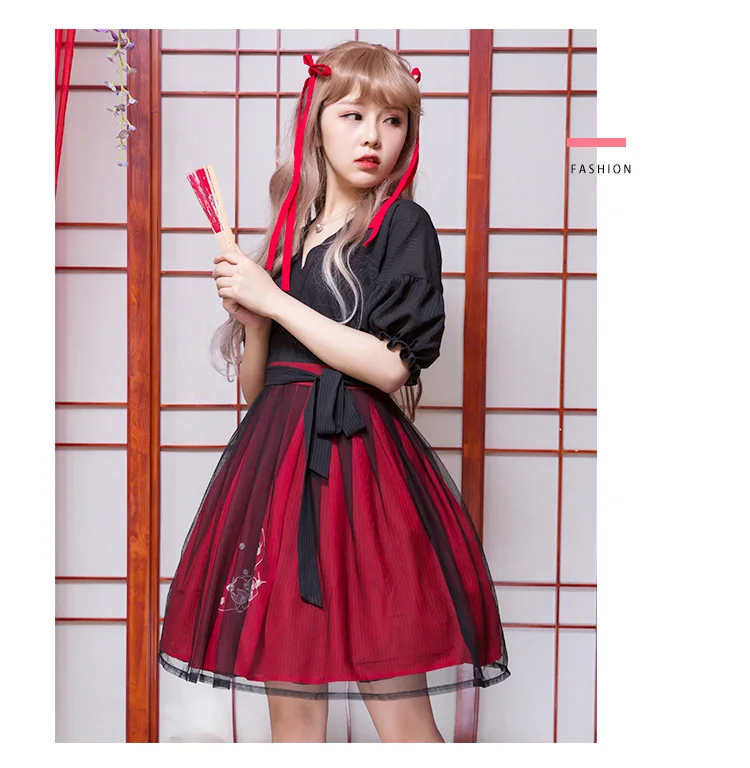 Ling Long Tou(изысканные кости)-Элегантное китайское традиционное Hanfu черное+ красное платье Han Element, цельнокроеное платье с короткими рукавами