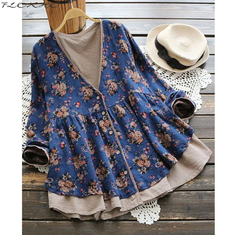 Vintage Women long Sleeve Tops Blouse V-Neck Floral Loose Cardigan Tops Female Plus Size Cotton Linen Loose blusa feminina L-5XL Blouses