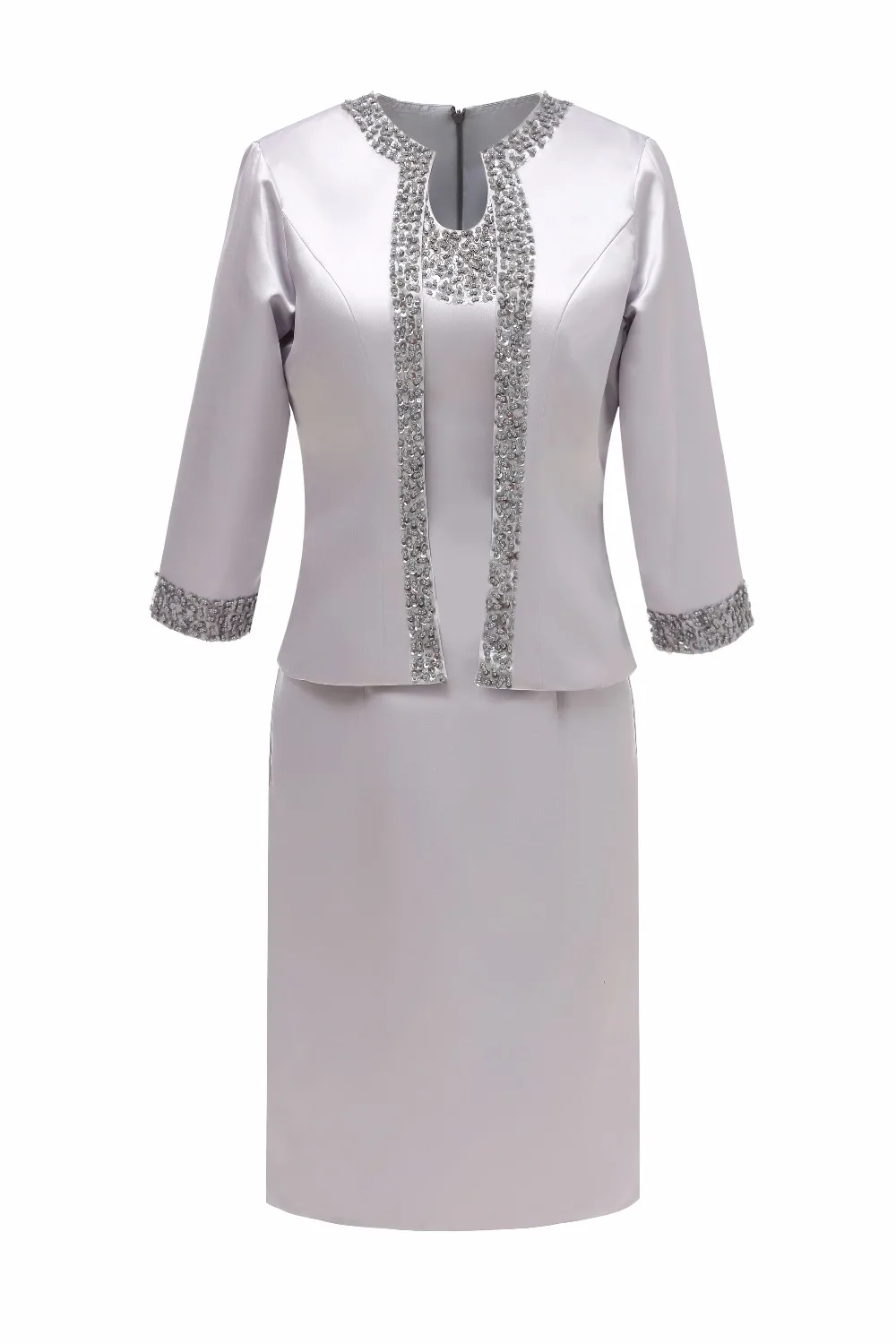 

Beades Three Quarters Sleeve Satin Formal Short Mother Of the Bride Dress With Jacket For Wedding Party Vestido De Festa SLM-M07