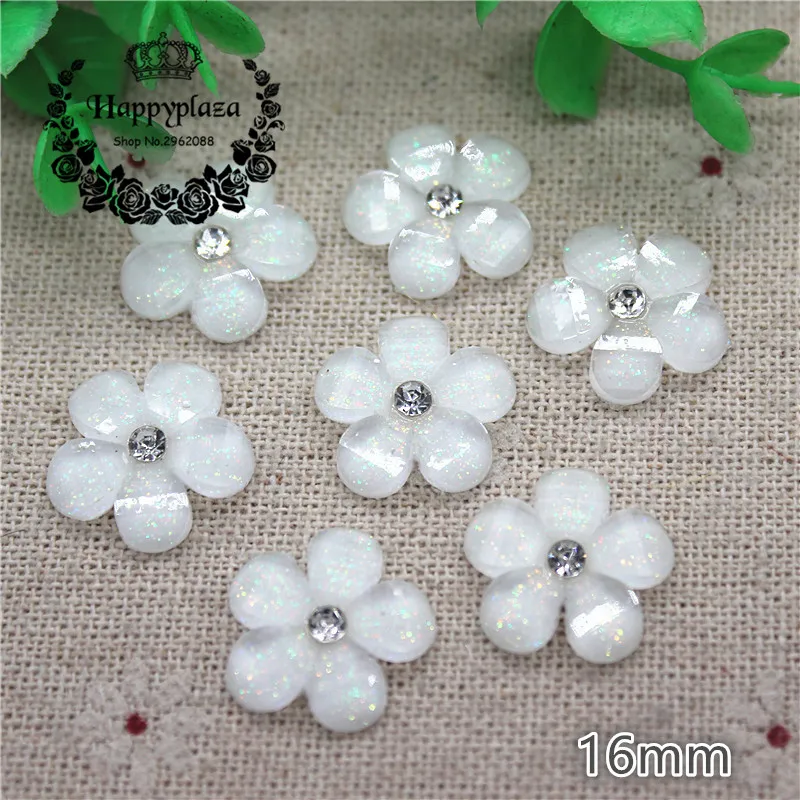 

30pcs 16mm Shiny Rhinestone Glitter White Five-Petal Flowers Resin Flatback Cabochon DIY Jewelry/Phone Decoration