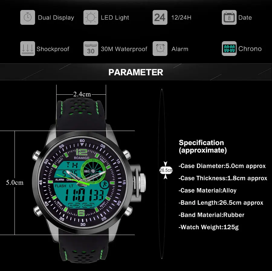 Мужские спортивные часы резиновые кварцевые часы аналоговые цифровые светодиодные часы BOAMIGO Брендовые мужские водонепроницаемые наручные часы 30 м Relogio Masculino