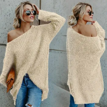 

Off Shoulder Slash Neck Hot Sales Women Autumn Winter One Shoulder Sweater Plus Size Loose Fit Plush Pullover Sweater MSK66
