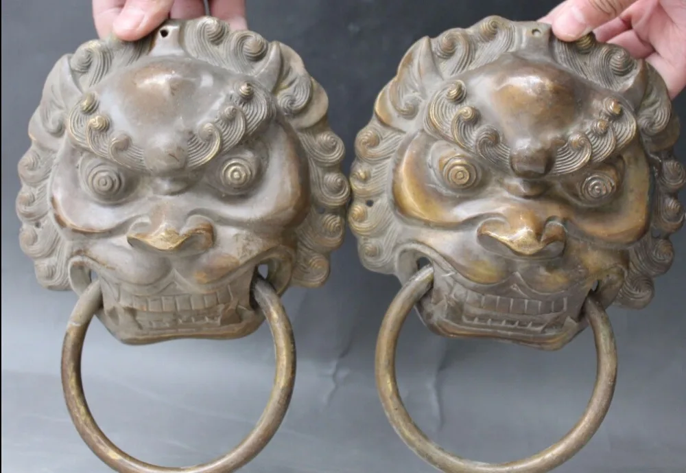 

9" Folk Chinese Feng Shui Bronze Foo Fu Dog Lion Lion Door Knocker Statue Pair