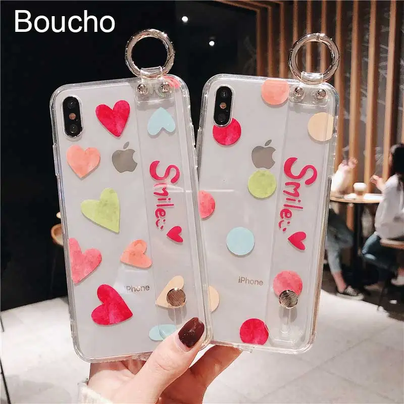 Boucho Wrist Strap Phone Case For iPhone Xs MAX Soft Cases 7 8 6 6S Plus X XR Coloful Love Heart Holder |