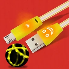Crystal LED light Smile Face Micro USB Data Cable noodle Cable Charger for Android Phone Charger Sync Data Random Color