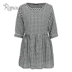 Romacci Винтаж плед Длинные Блузы туники 3/4 рукава карман 4XL 5XL плюс Размеры женская одежда 2019 Повседневное блузка свободного кроя из хлопка Топ