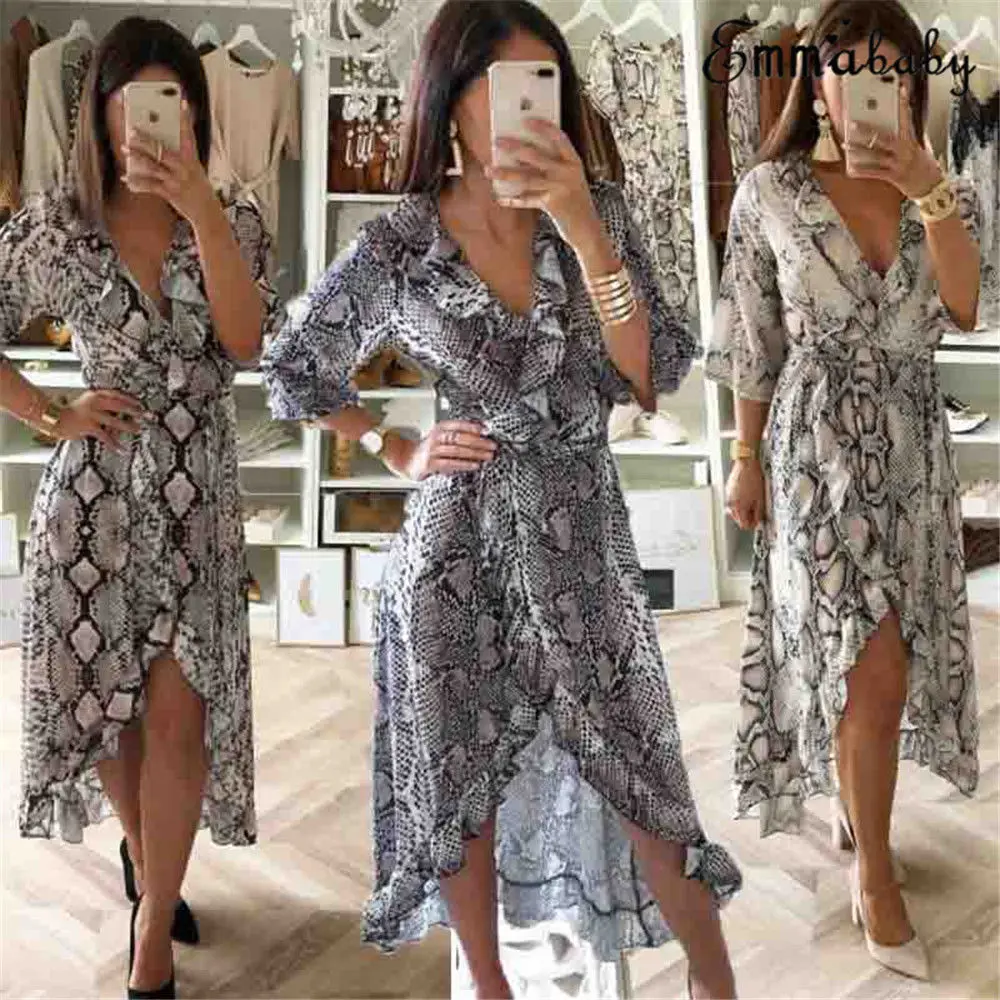 

2019 Summer Fashion Springs Women Dress Vintage Deep V-Neck Sexy Floral Print Skirts Casual Split Front Beach Snake Skirts
