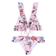 Fashion Women's Swimwear Print Pushups Thicken Bra Beach Ruffle Bikini Set Sexy Women's Floral Low Waist Strapless Bikini Set Fashion Women's Swimwear Print Pushups Thicken Bra Beach Ruffle Bikini Set Sexy Women's Floral Low Waist Strapless Bikini Set