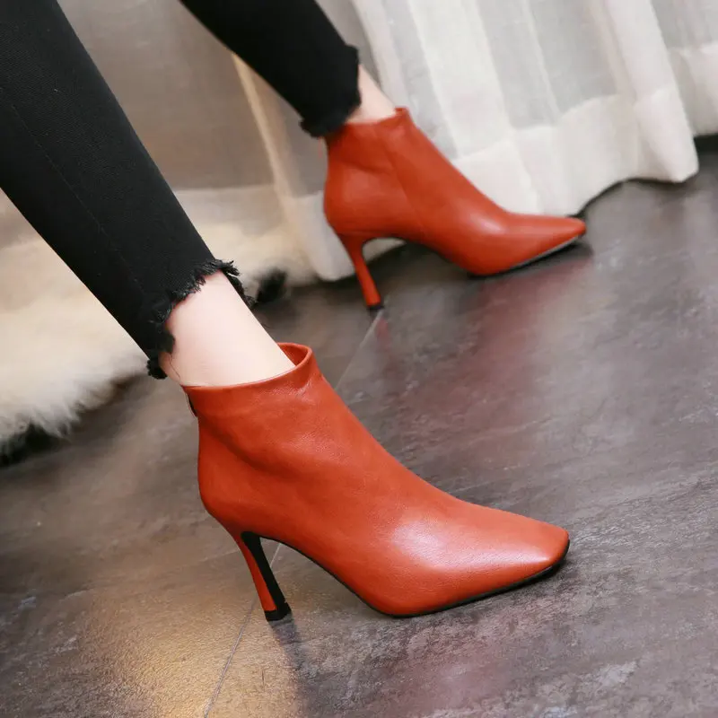 

EOEODOIT Women Fashion Leather Boots Short Ankle Length Square Toe Sexy Stiletto Heel High Heel Lady Autumn Winter Pumps Boots