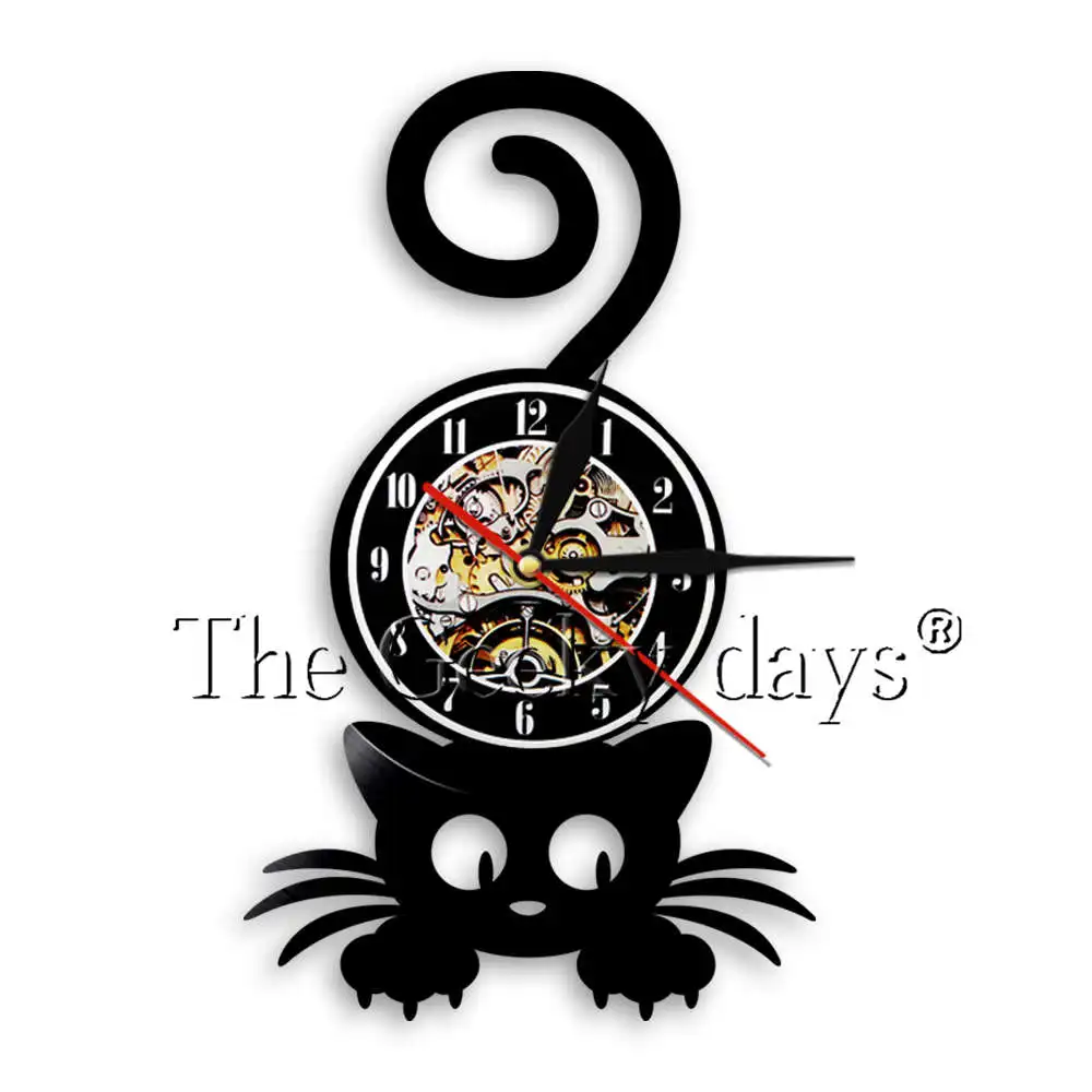 Забавные настенные часы с изображением кота, Виниловая пластинка, часы ручной работы, домашний Настенный декор, Интерьерные часы с изображением животных, современный дизайн - Цвет: Without LED Light