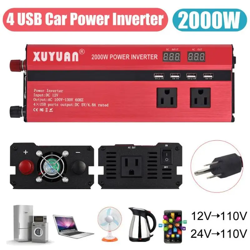 

2000W 4 USB LED Car Power Inverter DC 12V/24V To AC 110V Charger Converter